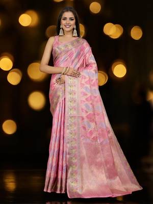 pink organza zari woven saree with unstitched blouse piece 1