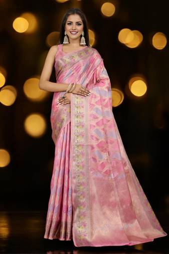 pink organza zari woven saree with unstitched blouse piece