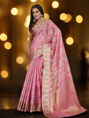 pink organza zari woven saree with unstitched blouse piece 2