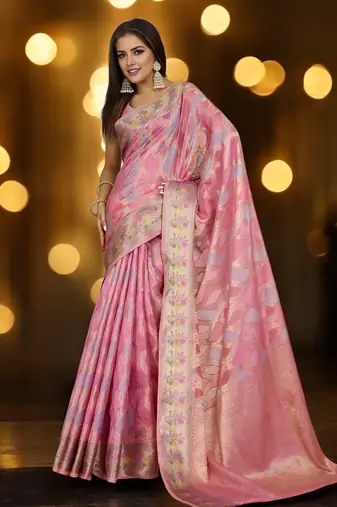 pink organza zari woven saree with unstitched blouse piece