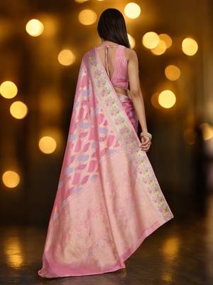 pink organza zari woven saree with unstitched blouse piece 3