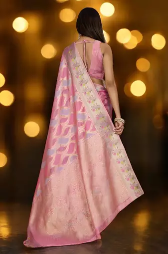 pink organza zari woven saree with unstitched blouse piece