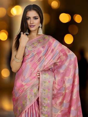 pink organza zari woven saree with unstitched blouse piece 4