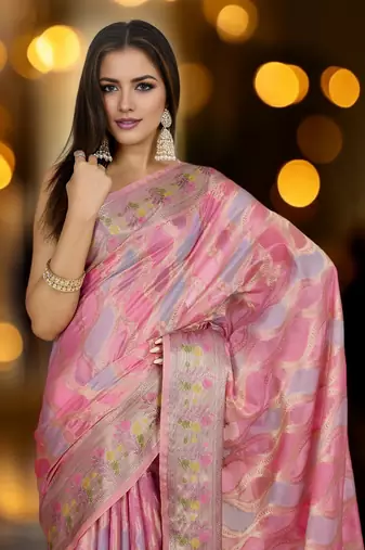 pink organza zari woven saree with unstitched blouse piece