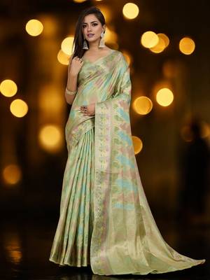 pista organza zari woven saree with unstitched blouse piece 1