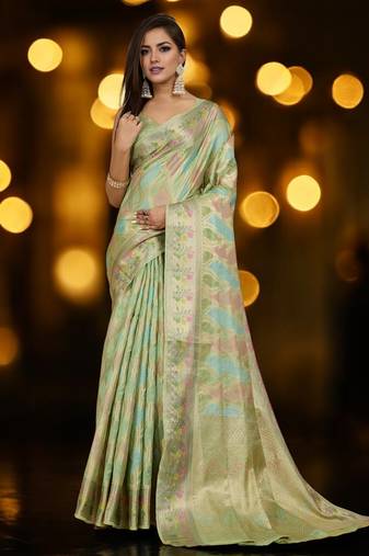 pista organza zari woven saree with unstitched blouse piece