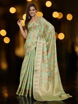 pista organza zari woven saree with unstitched blouse piece 2