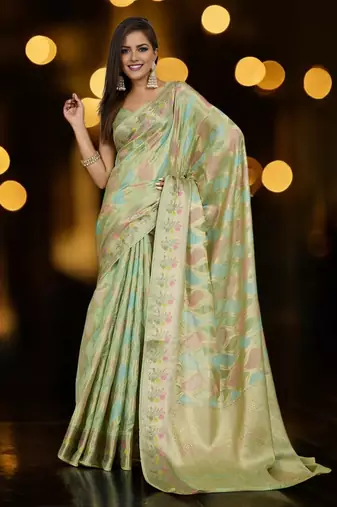 pista organza zari woven saree with unstitched blouse piece