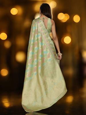 pista organza zari woven saree with unstitched blouse piece 3