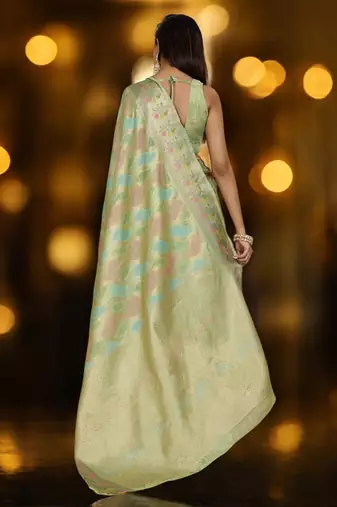 pista organza zari woven saree with unstitched blouse piece