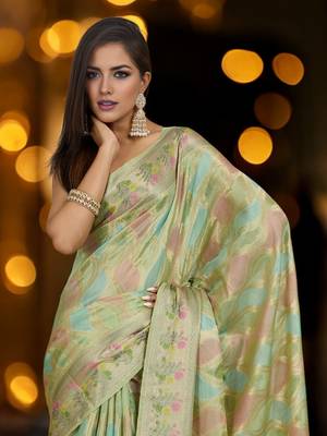 pista organza zari woven saree with unstitched blouse piece 4