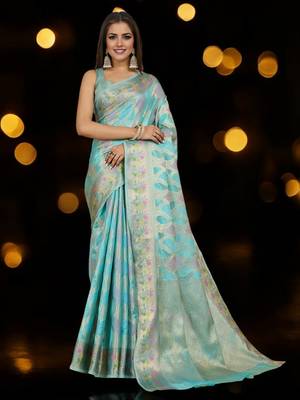 sky blue organza zari woven saree with unstitched blouse piece 1