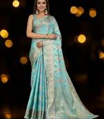 sky blue organza zari woven saree with unstitched blouse piece