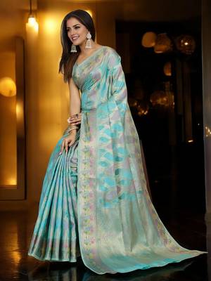 sky blue organza zari woven saree with unstitched blouse piece 2