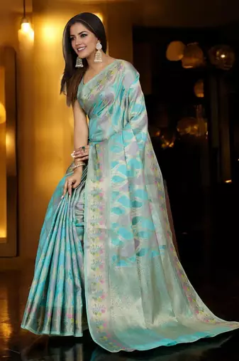 sky blue organza zari woven saree with unstitched blouse piece