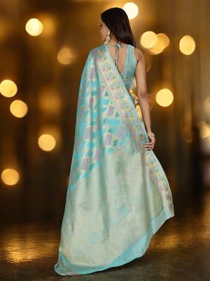sky blue organza zari woven saree with unstitched blouse piece 3