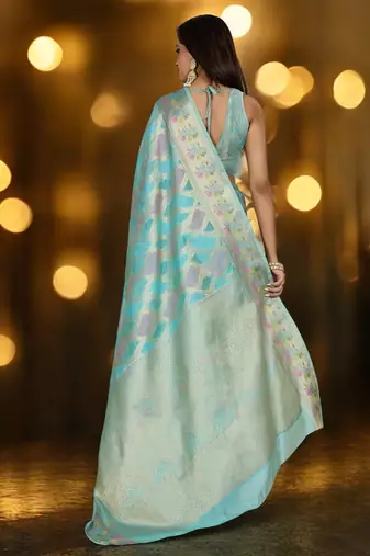 sky blue organza zari woven saree with unstitched blouse piece