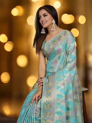 sky blue organza zari woven saree with unstitched blouse piece 4