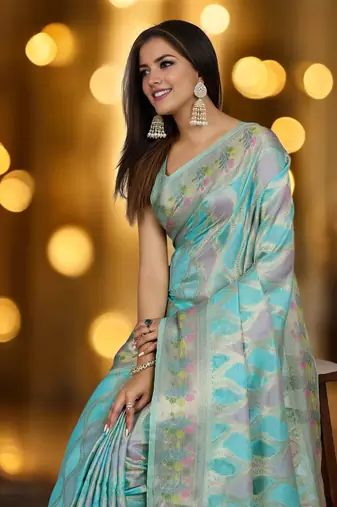 sky blue organza zari woven saree with unstitched blouse piece