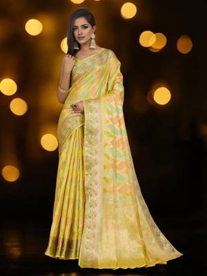 yellow organza zari woven saree with unstitched blouse piece 1