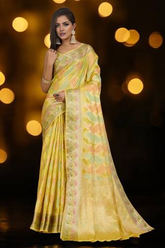 yellow organza zari woven saree with unstitched blouse piece