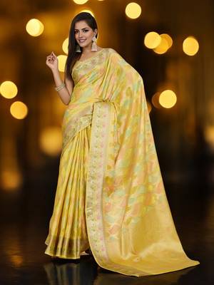 yellow organza zari woven saree with unstitched blouse piece 2