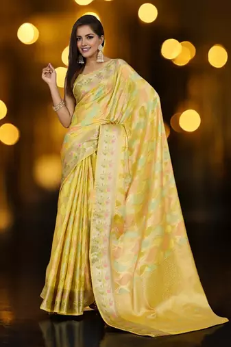 yellow organza zari woven saree with unstitched blouse piece