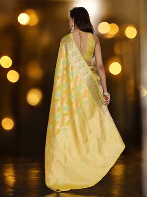 yellow organza zari woven saree with unstitched blouse piece 3