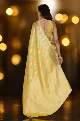 yellow organza zari woven saree with unstitched blouse piece