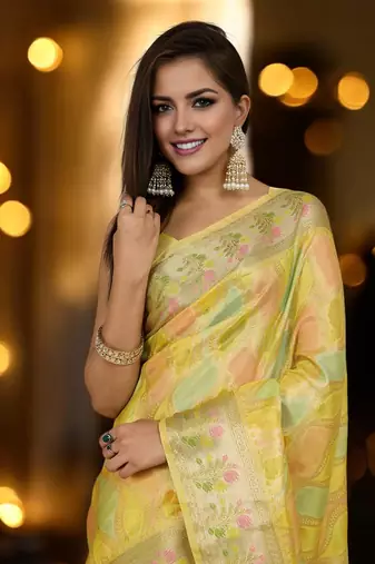 yellow organza zari woven saree with unstitched blouse piece