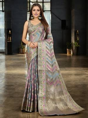 grey organza zari woven saree with unstitched blouse piece 1
