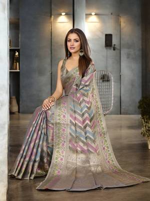 grey organza zari woven saree with unstitched blouse piece 2