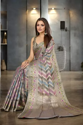 grey organza zari woven saree with unstitched blouse piece