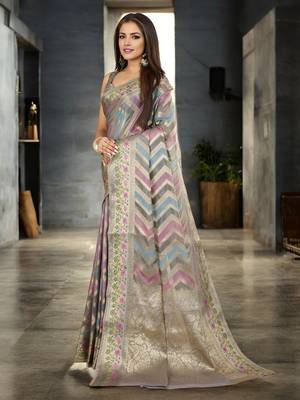 grey organza zari woven saree with unstitched blouse piece 3