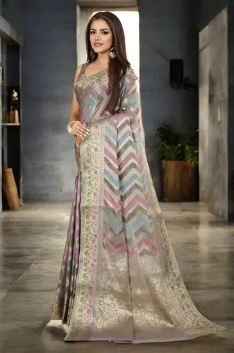 grey organza zari woven saree with unstitched blouse piece