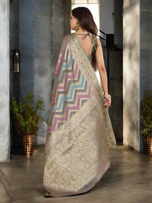 grey organza zari woven saree with unstitched blouse piece 4