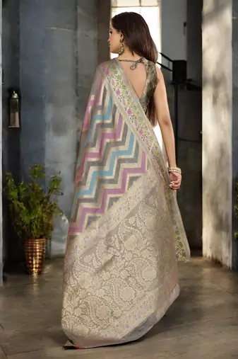 grey organza zari woven saree with unstitched blouse piece