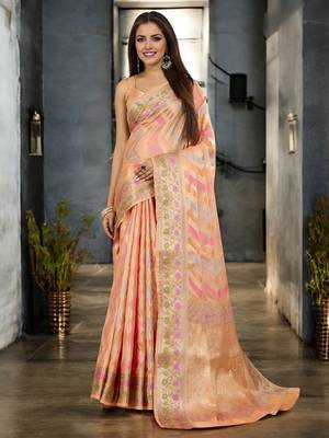 peach organza zari woven saree with unstitched blouse piece 1
