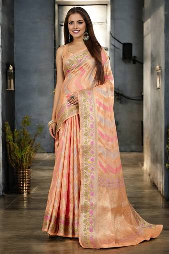 peach organza zari woven saree with unstitched blouse piece