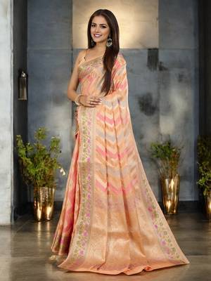 peach organza zari woven saree with unstitched blouse piece 2