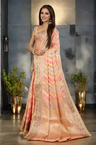 peach organza zari woven saree with unstitched blouse piece