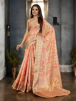 peach organza zari woven saree with unstitched blouse piece 3