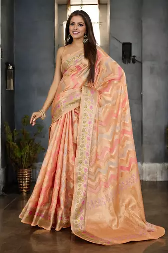 peach organza zari woven saree with unstitched blouse piece