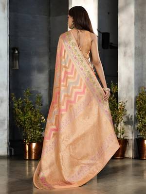 peach organza zari woven saree with unstitched blouse piece 4