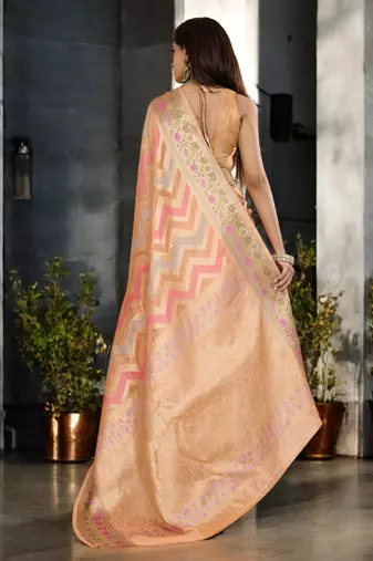 peach organza zari woven saree with unstitched blouse piece