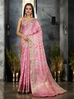 pink organza zari woven saree with unstitched blouse piece 1