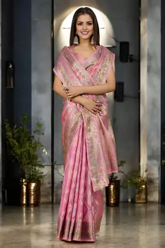 pink organza zari woven saree with unstitched blouse piece