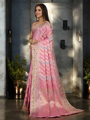 pink organza zari woven saree with unstitched blouse piece 3