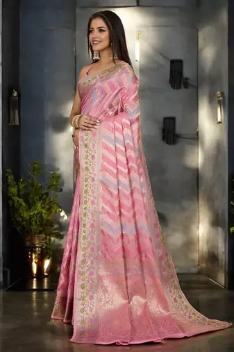 pink organza zari woven saree with unstitched blouse piece