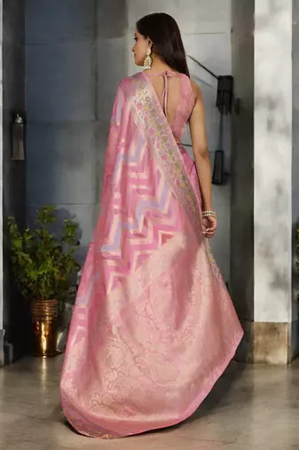 pink organza zari woven saree with unstitched blouse piece